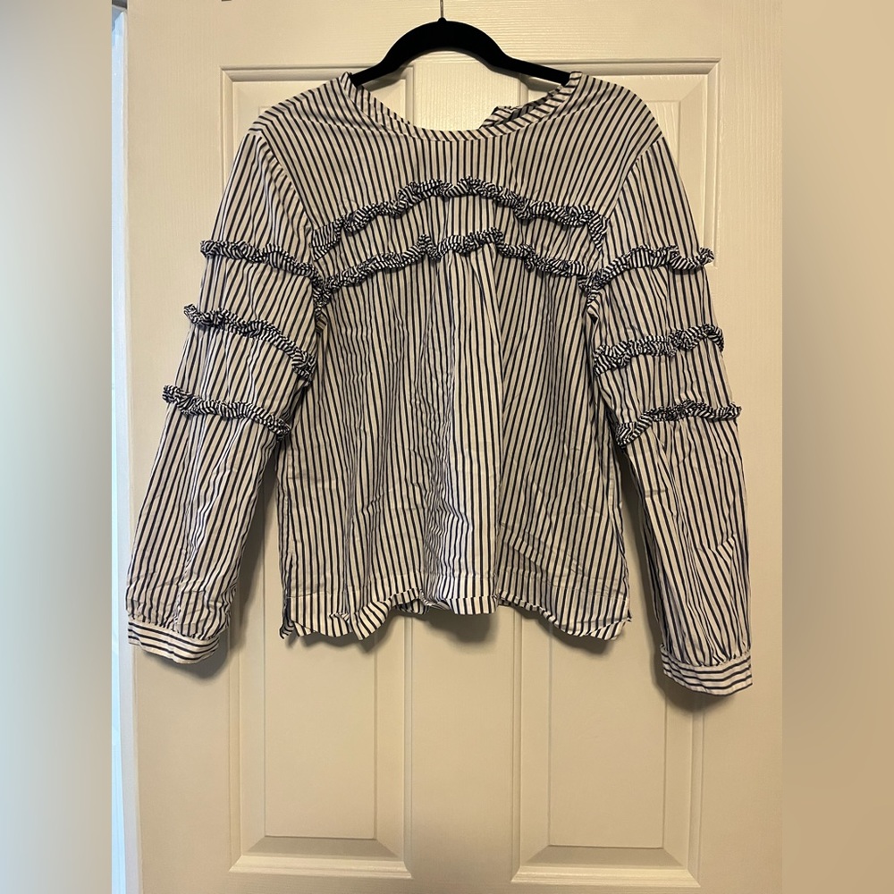 J Crew Blue and White Ruffle Blouse